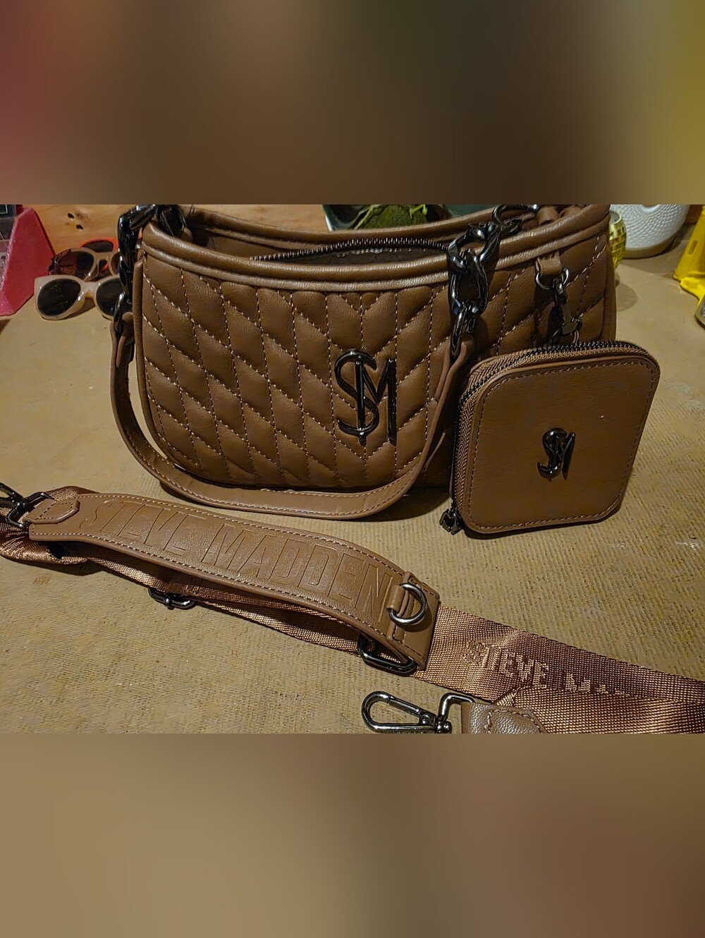 Steve Madden Tan Quilted Shoulder Bag with Removable Strap
